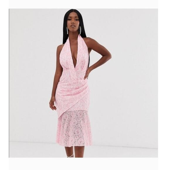 Asos Womens Dress Size 2 Pink Lace Halter Floral White Bodycon Deep Cleavage - Picture 1 of 13